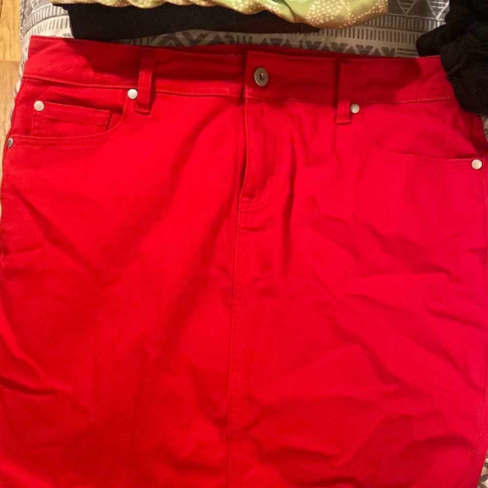 Red denim pencil skirt